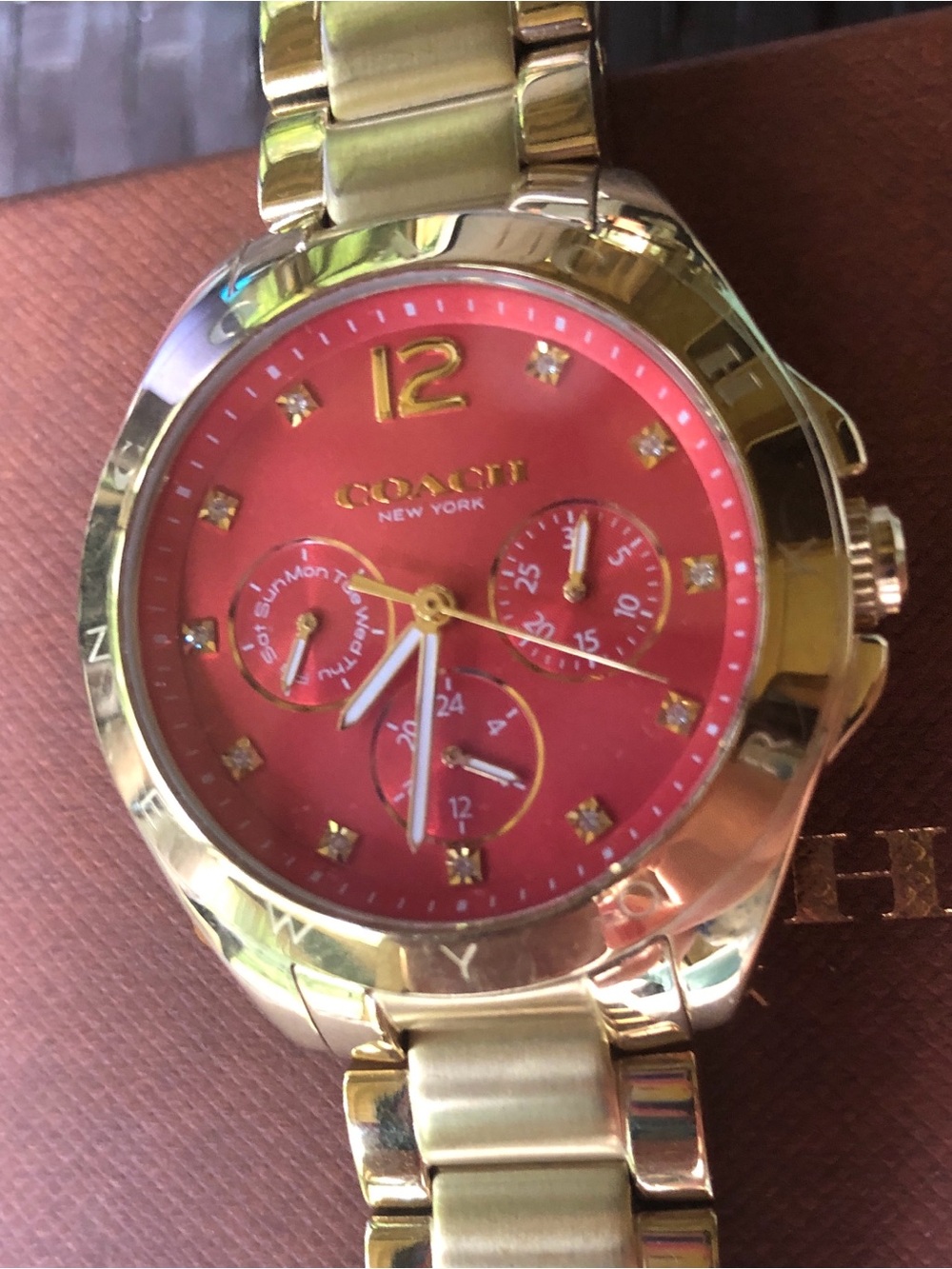 Coach New York Gold watch w/crystals and Coral face - Picture 3 of 8